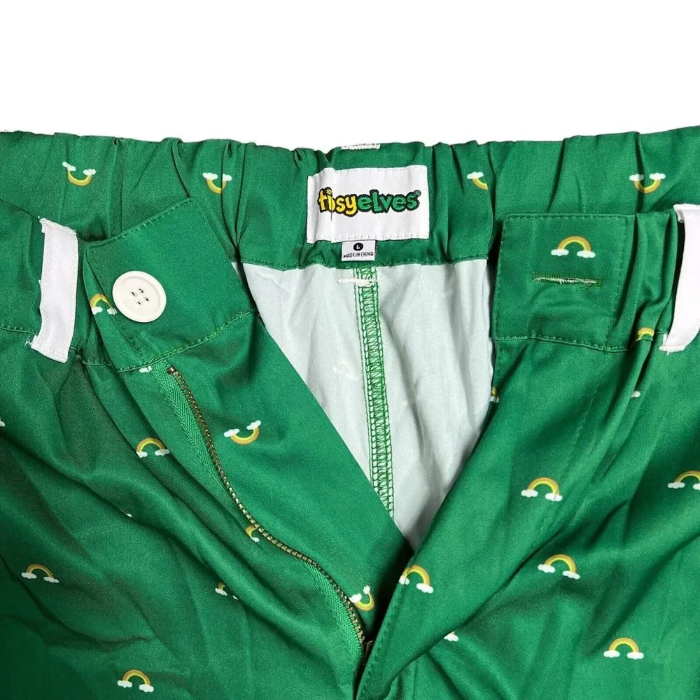Tipsy Elves Shorts‎ Mens L Green Rainbow Parade Belt Loops Pride Colorful Clouds